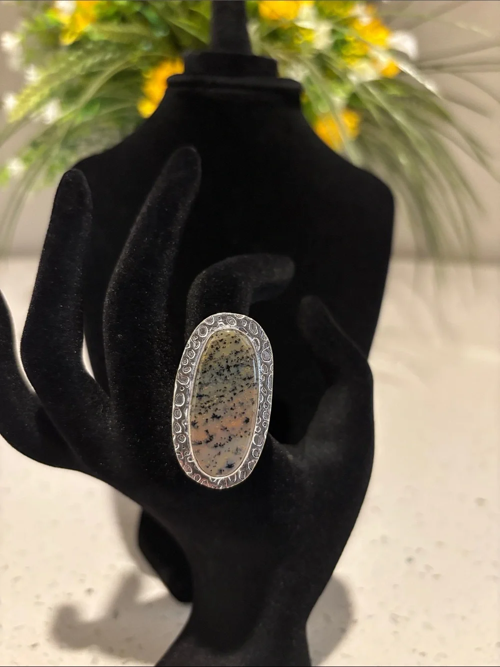 Silver Oval Honey Dendrite Opal Gemstone Statement Ring Size 9